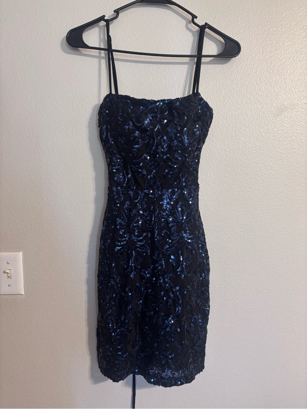Windsor Black and Navy Sequin Spaghetti-Strap Mini Dress
